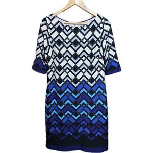 Eliza J 1/2 Sleeve Blue Black White Geometric Pattern Shift Dress Women 8